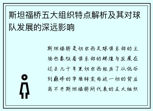 斯坦福桥五大组织特点解析及其对球队发展的深远影响 斯坦福桥五大组织特点解析及其对球队发展的深远影响